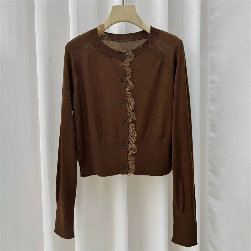 

Кардиган женский, новый эластичный вязаный тонкий топ с длинными рукавами на осень 2021, кружевной лоскутный женский свитер из смеси шерсти, трикотаж