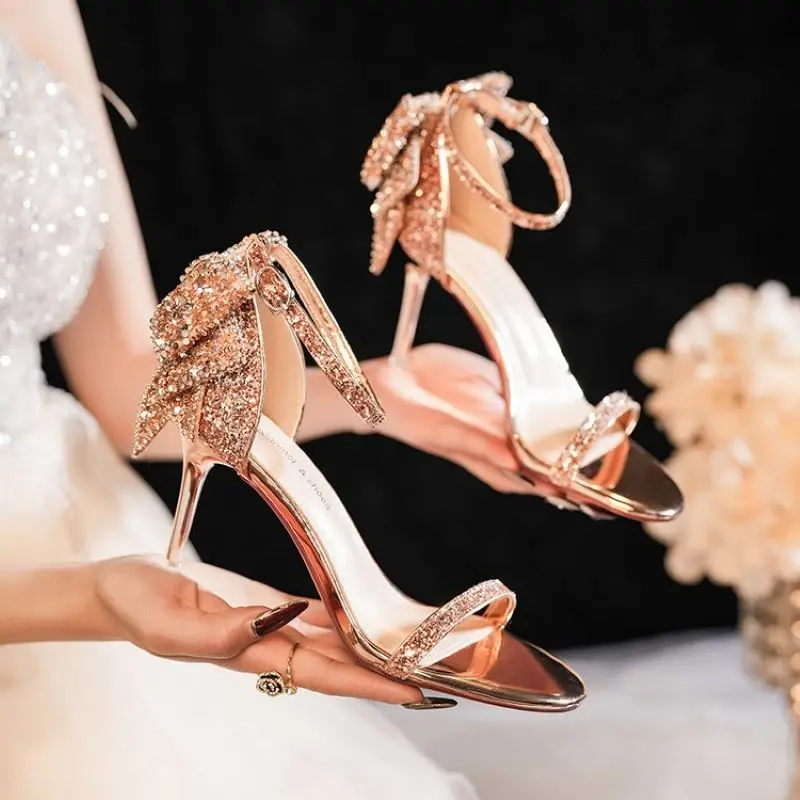 2024 Luxurious Rhinestone Bow Sequin High Heel Sandals Thin Heel Silver Champagne Banquet Wedding Shoes for Women Pumps