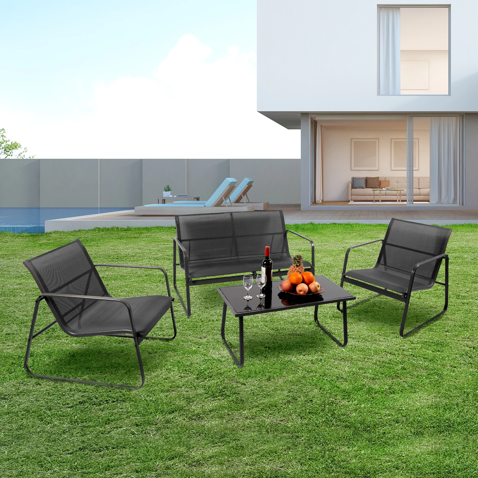 #￥JHK Outdoor Patio Furniture 4 Pieces Set with Table Metal Frame Lumbar Support Mesh Backrest Sectional Balcony Sets for Garden