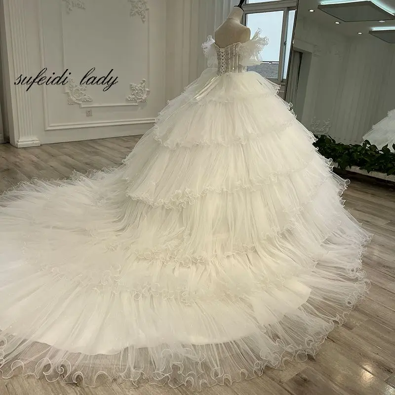 2022 Lace Wedding Dress Floor Length Elegant Bridal Gowns Robe De Mariee Ruffles Skirt Vintage Bride Custom Ball Gown Puffy Tull