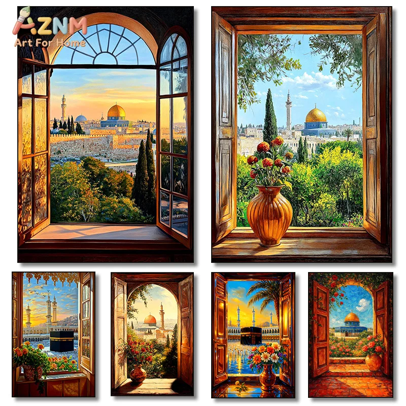 AZNM Window View Jerusalem Dome Rock Kaaba Canvas Wall Art Floral Vase Sunset Islamic Scenery Oil Painting Print Unframed Canvas