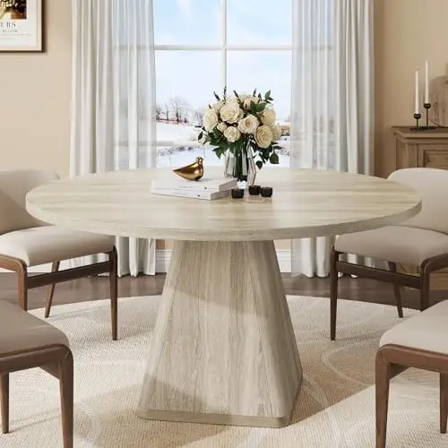 47 Inch Round Dining Table for 4-6, Circle Kitchen Table with Thickened Tabletop, Modern Dining Room Tables with Square