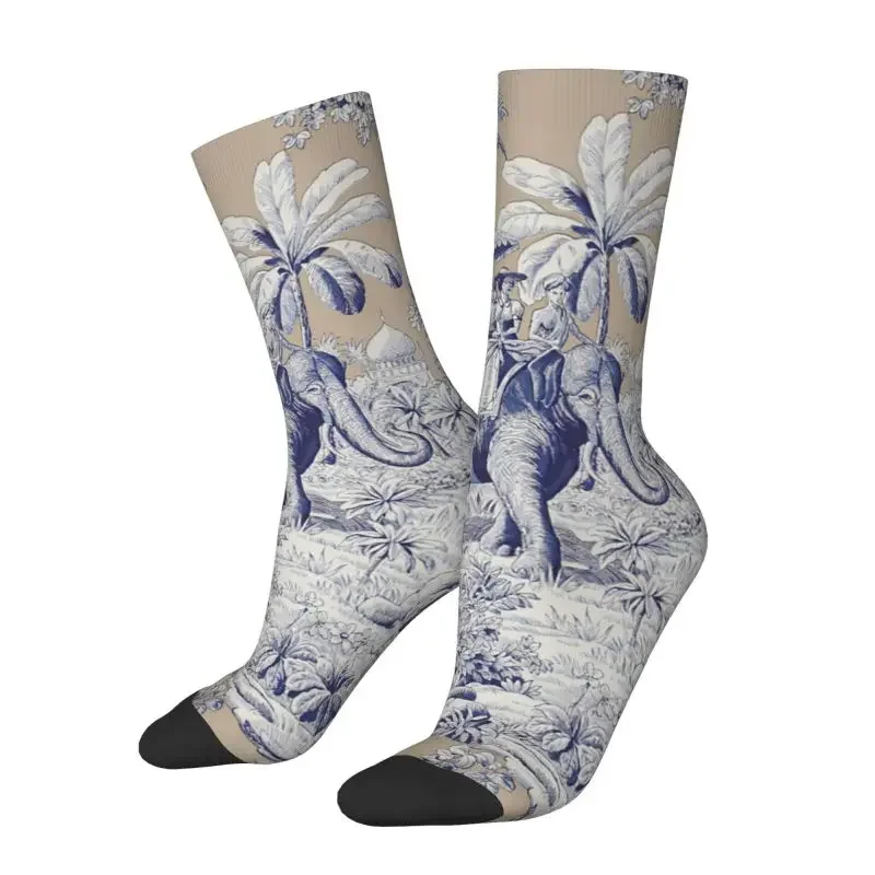 Navy Blue Toile De Jouy Elephant Motif Male Dress Sock Men's Women's Breathable Funny Novelty French Art Crew Socks