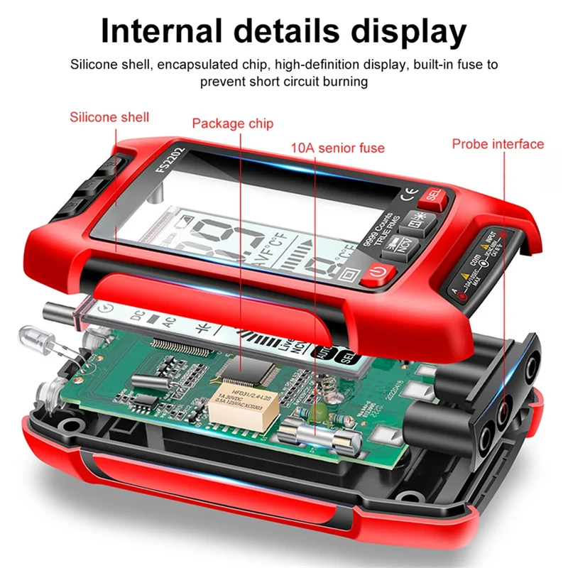 FS2202 9999 Counts TRMS AC DC Voltmeter Amp NCV Resistance Capacitance Tester Red