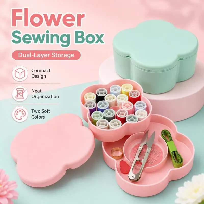 Doppelschichtige Blumenförmige Nähbox, Tragbares Multifunktionales Haushaltsnadel-Faden-Scheren-Set, DIY-Handwerks-Aufbewahrungsorganizer – Detail 1
