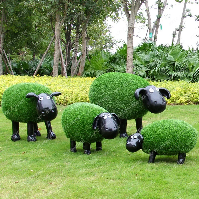 Outdoor Lawn Cartoon Sheep Ornament GRP Sculpture Green Plants Sculpture Turf Sheep Flower Garden Community Decoration Sketch