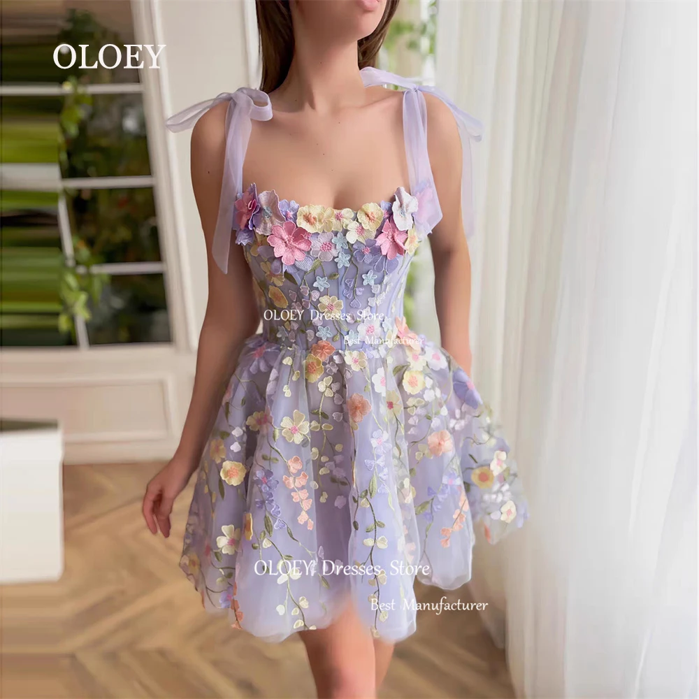 OLOEY Linght Purple Floral Short Cocktail Dress Embroidery Lace Prom Gown Lace Up Back Garden Wedding Party Gown Custom Made