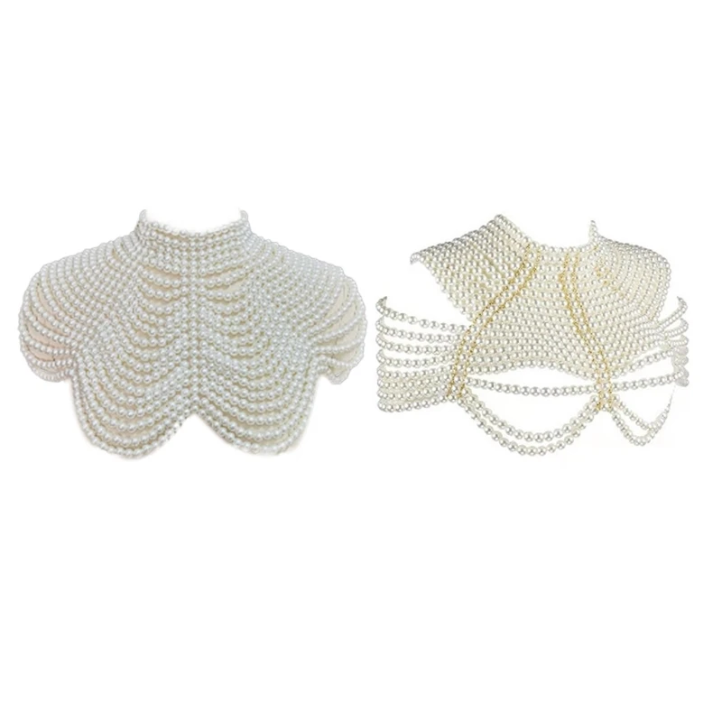 Women Faux Imitation Pearl Necklace Shawl Beaded Body Chain Bib Collar Party Jewelry Necklace for Women Wedding Dress