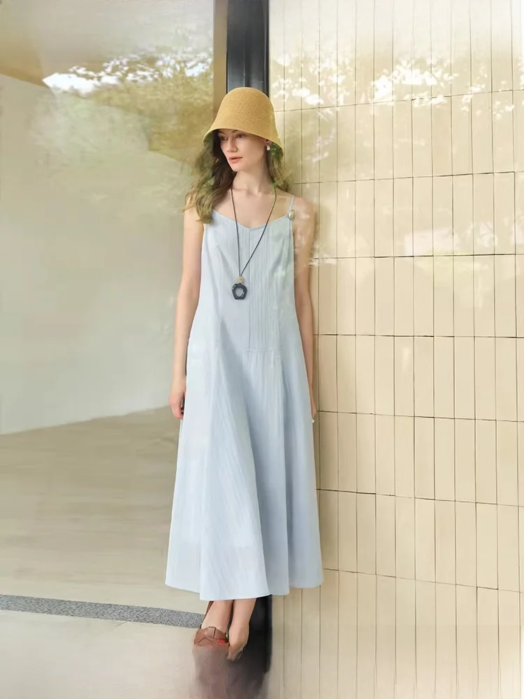 

Женская длинная юбка больших размеров с V-образным вырезом, металлическими бретелями-каплями, синяя, летняя новинка, простая, для повседневной носки, с низкой талией