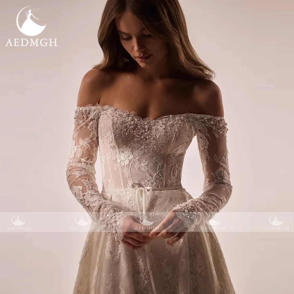 Gaun Pengantin Elegan A-Line Aedmgh Gaun Pengantin Buatan Khusus Seksi Bordir Renda Gaun Pengantin Bahu Terbuka Sayang