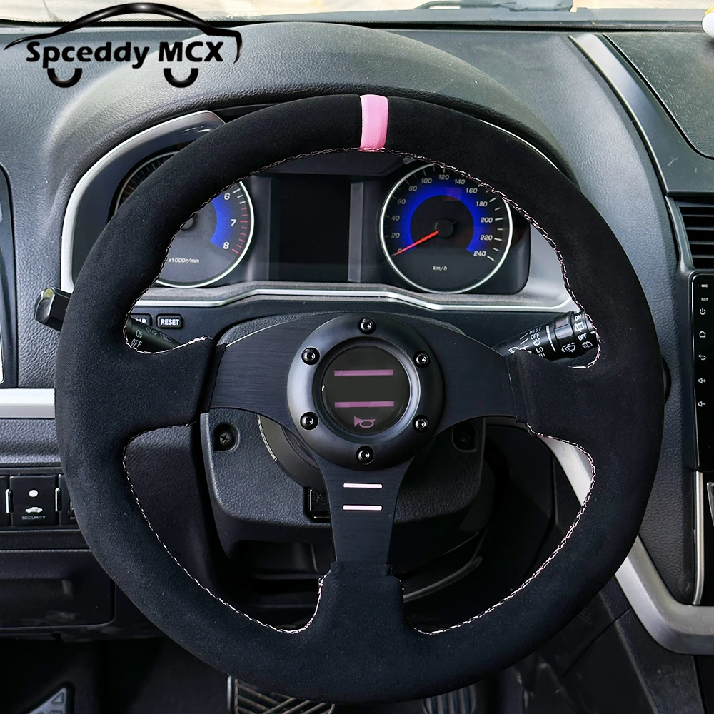 Spceddy MCX Pink Suede Steering Wheel 13inch 330mm 14inch 350mm Flat Racing Sport Real Leather Steering Wheel Universal