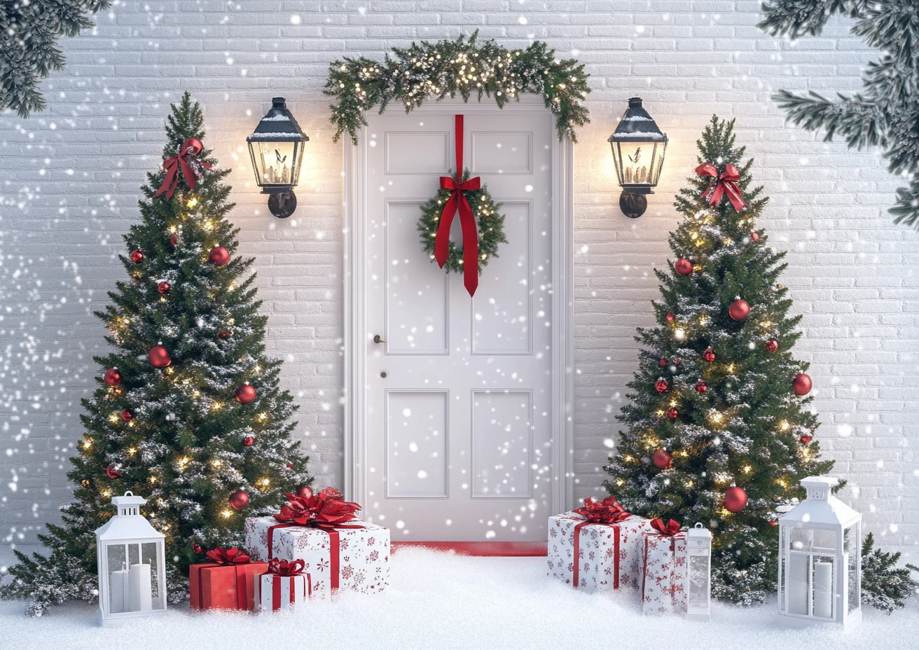 크리스마스 사진 배경 크리스마스 트리 장식 소품 화환 흰색 벽돌 벽 배경 벽난로 어린이 파티 사진 스튜디오