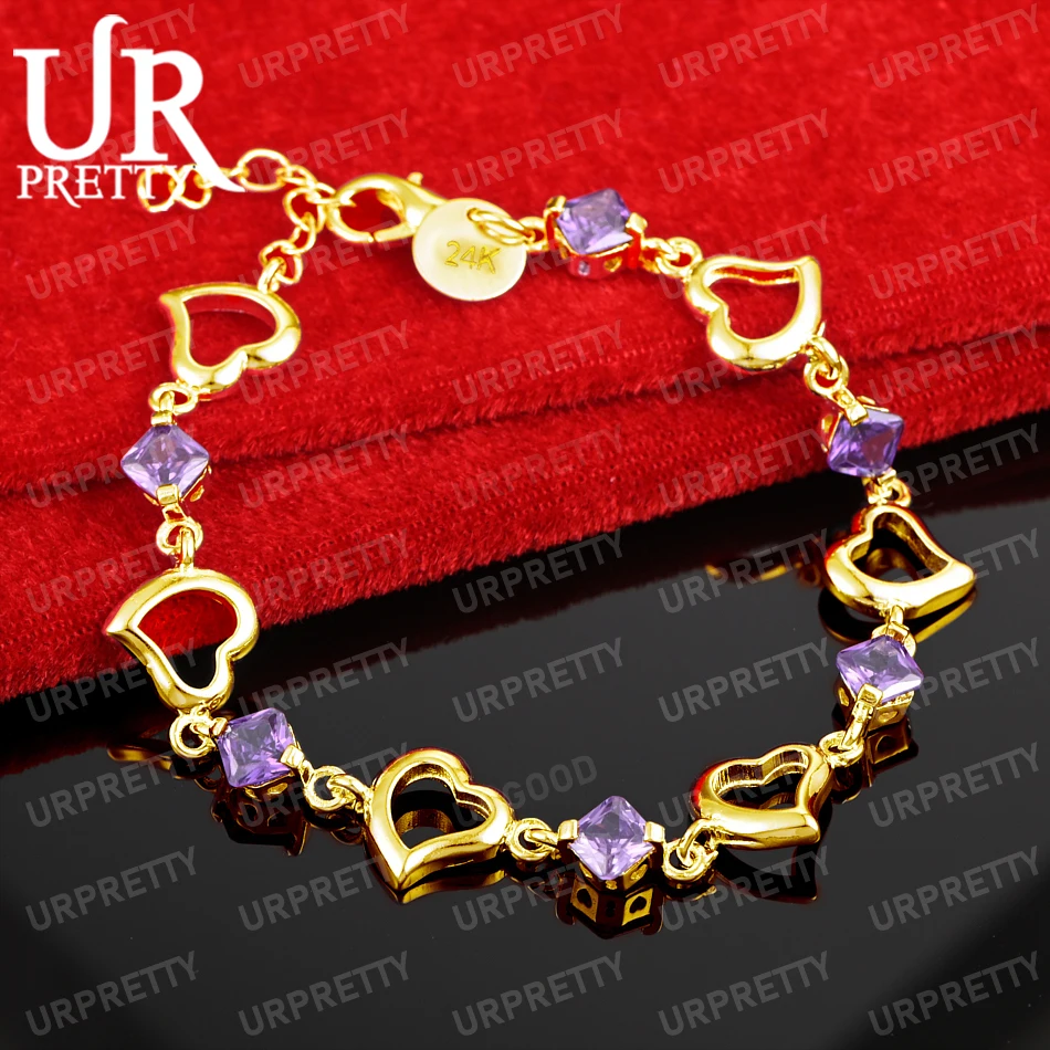 

925 Sterling Silver 18k Gold Purple AAA Zircon Heart-Shaped Bracelet Women Fashion Gift Wedding Beautiful Jewelry