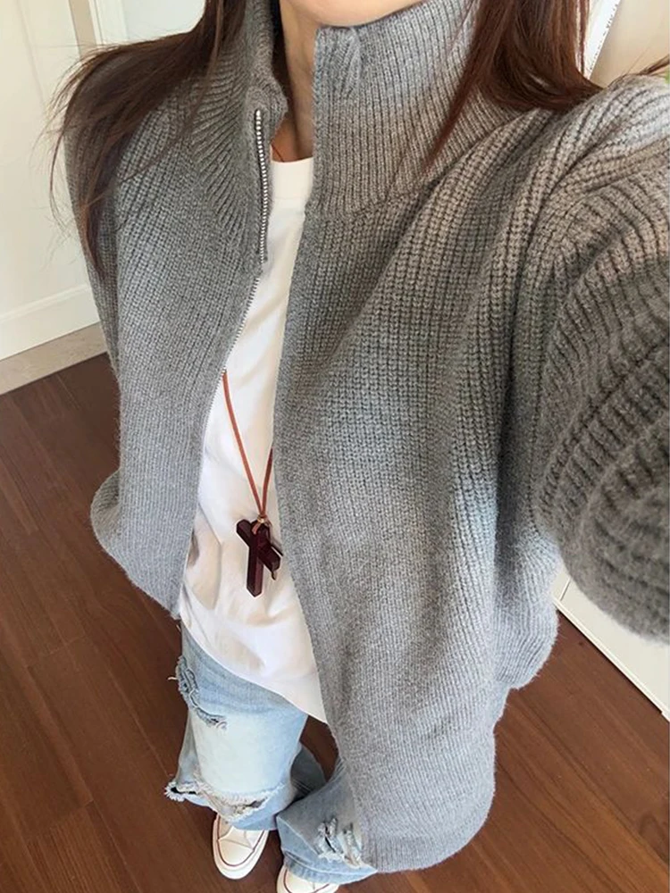 

American Sle Vintage Heavyweight Stand Collar Double Zipper Knitted Sweater ex Lazy Sle Couple Jaet for Autumn Winter