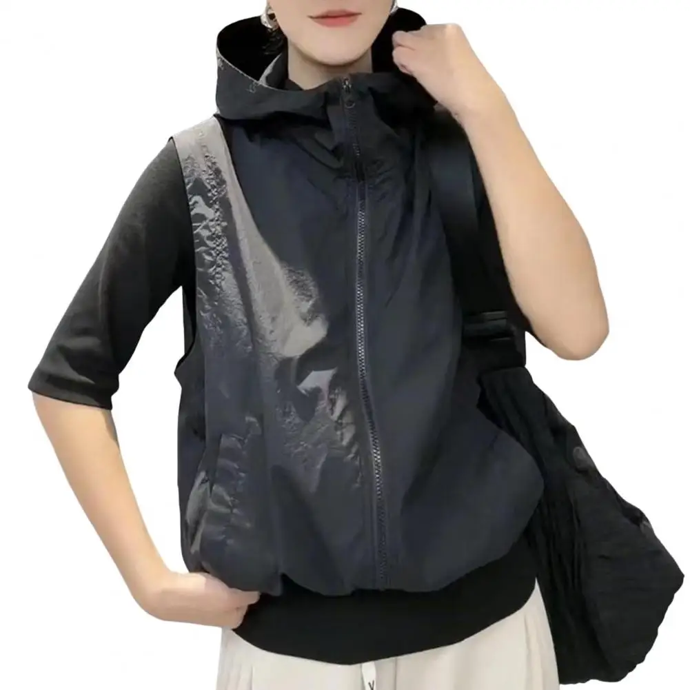 2024 Women's Hooded Jacket with Drawstring Hem for Sports Waistcoat Outings Sun Vest