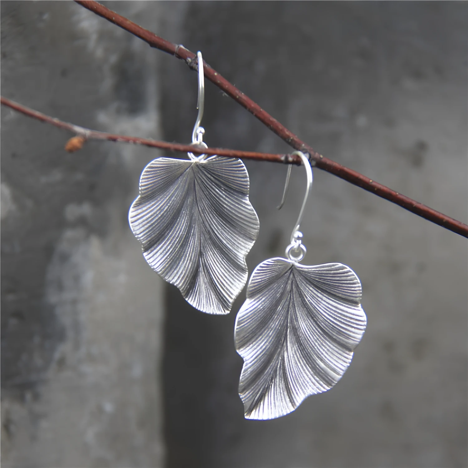 Handmade Silver S925 Leaf Earrings Brushed Surface Small Face Effect Banana Leaf Silver Drop Earrings Ethnic Style Fashion Je...