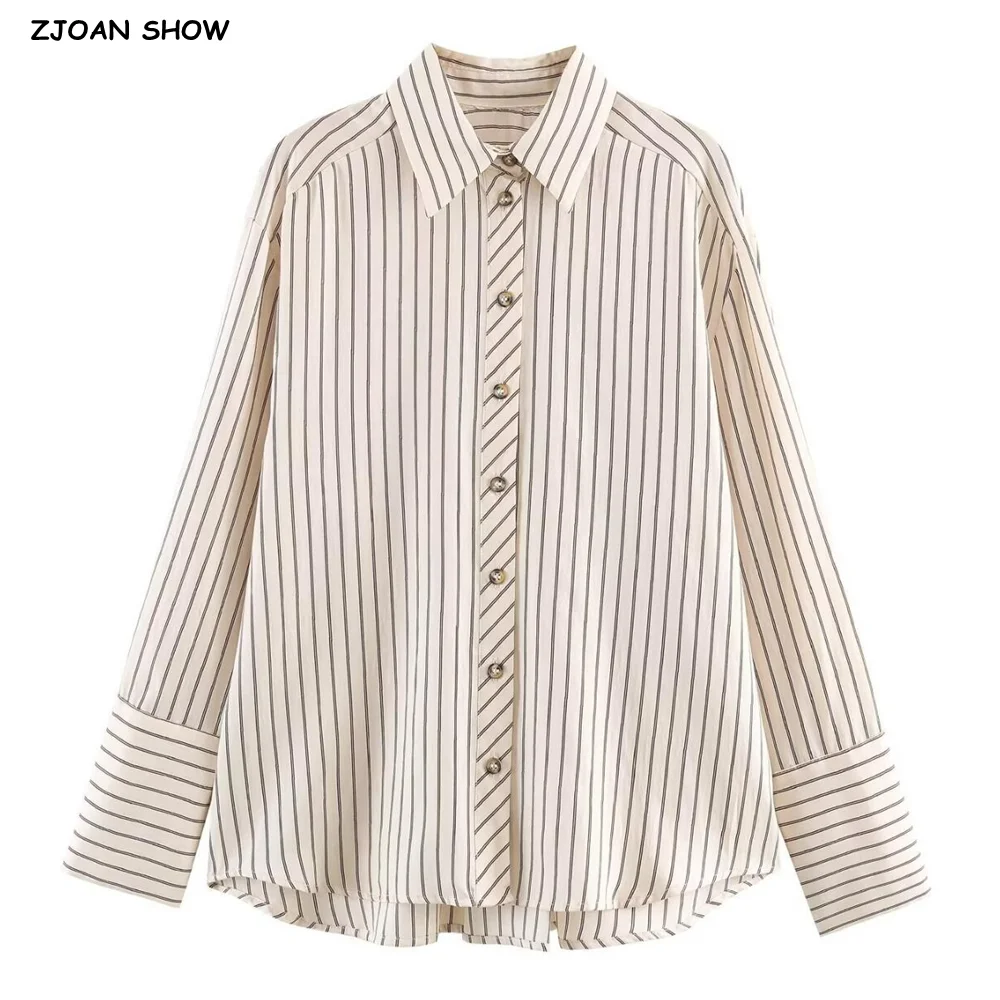 

Spring Summer Vertical Stripes Print Lapel Collar Long sleeve Shirt Women Single-breasted Buttons Loose Asymmetry Blouse Tops