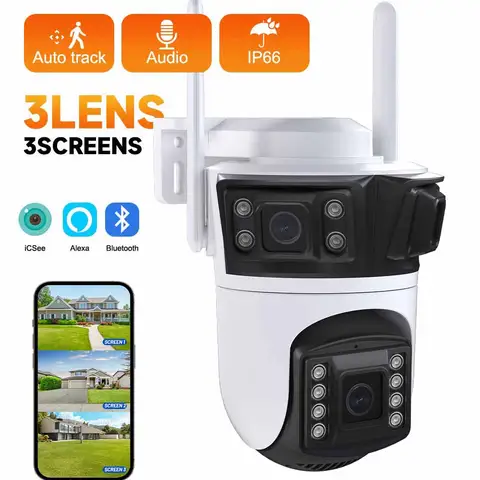 3렌즈 PTZ IP 카메라 – 야외용 6K HD 3화면 WiFi 보안 카메라, 자동 추적 기능, 4K 듀얼 렌즈 무선 CCTV 카메라 (iCsee 지원)