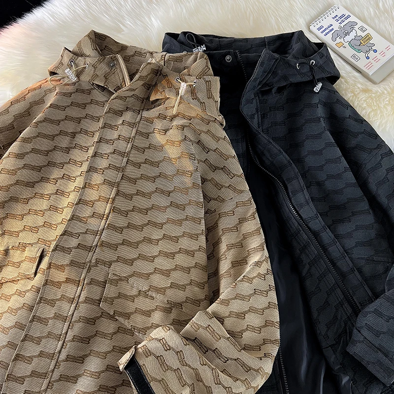 

Мужская куртка в американском ретро-стиле с капюшоном, весенне-осенняя, модная рабочая одежда, с V-образным вырезом, на молнии, с длинными рукавами, теплая верхняя одежда