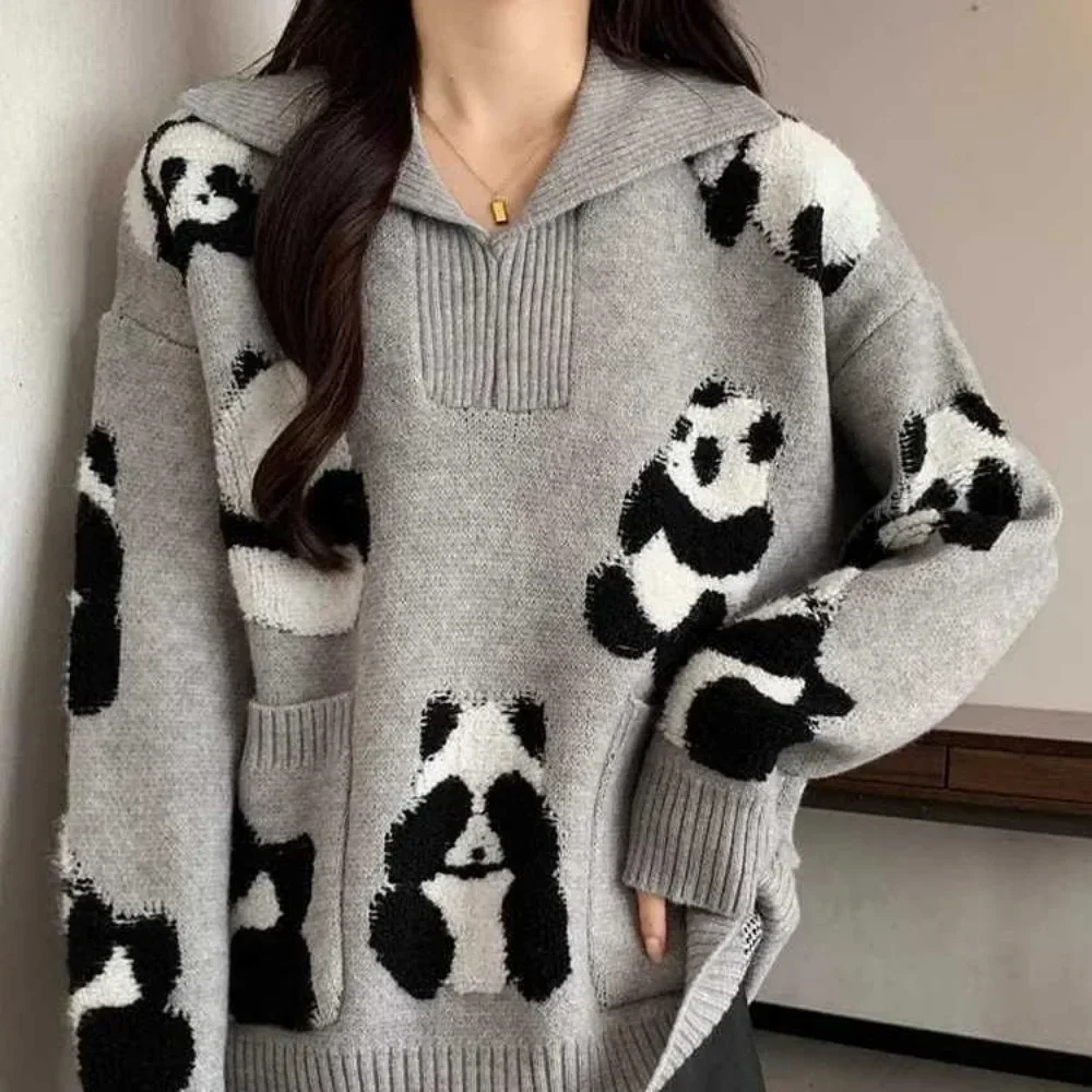 Gray Polo Collar Sweater for Women Autumn 2024 New Style Lazy Style Panda Jacquard High-end and Super Good-looking Sweater