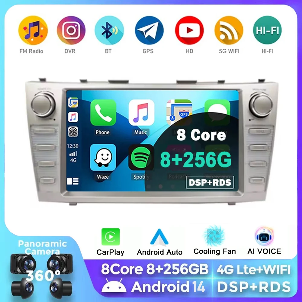 Android 14 For Toyota Camry XV40 Aurion 2007 - 2011 DSP Carplay Head Unit Multimedia Player GPS Navigation Stereo Car Radio WIFI