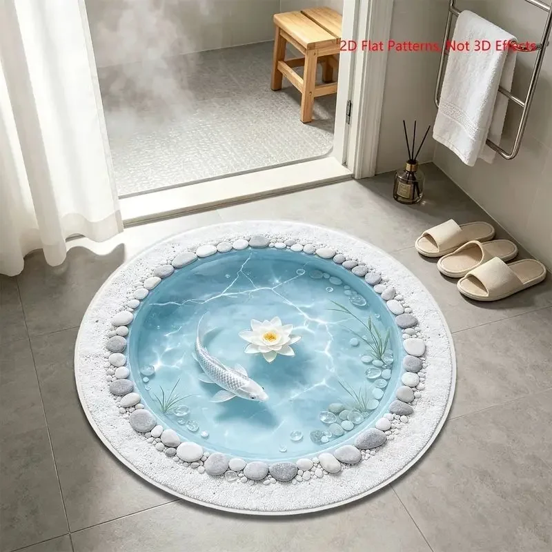 VIKAMA Zen Koi Fish Lotus Water Pebble Round Rug Japanese Garden Bathroom Mat Non Slip Home Decor Accent Soft Durable Cozy Gift