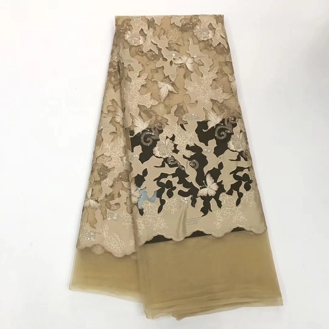 

2018 High Quality African Lace Fabric Gold , Royal Blue French Net Embroidery Sequins Tulle Lace Fabric for Nigerian Party Dress