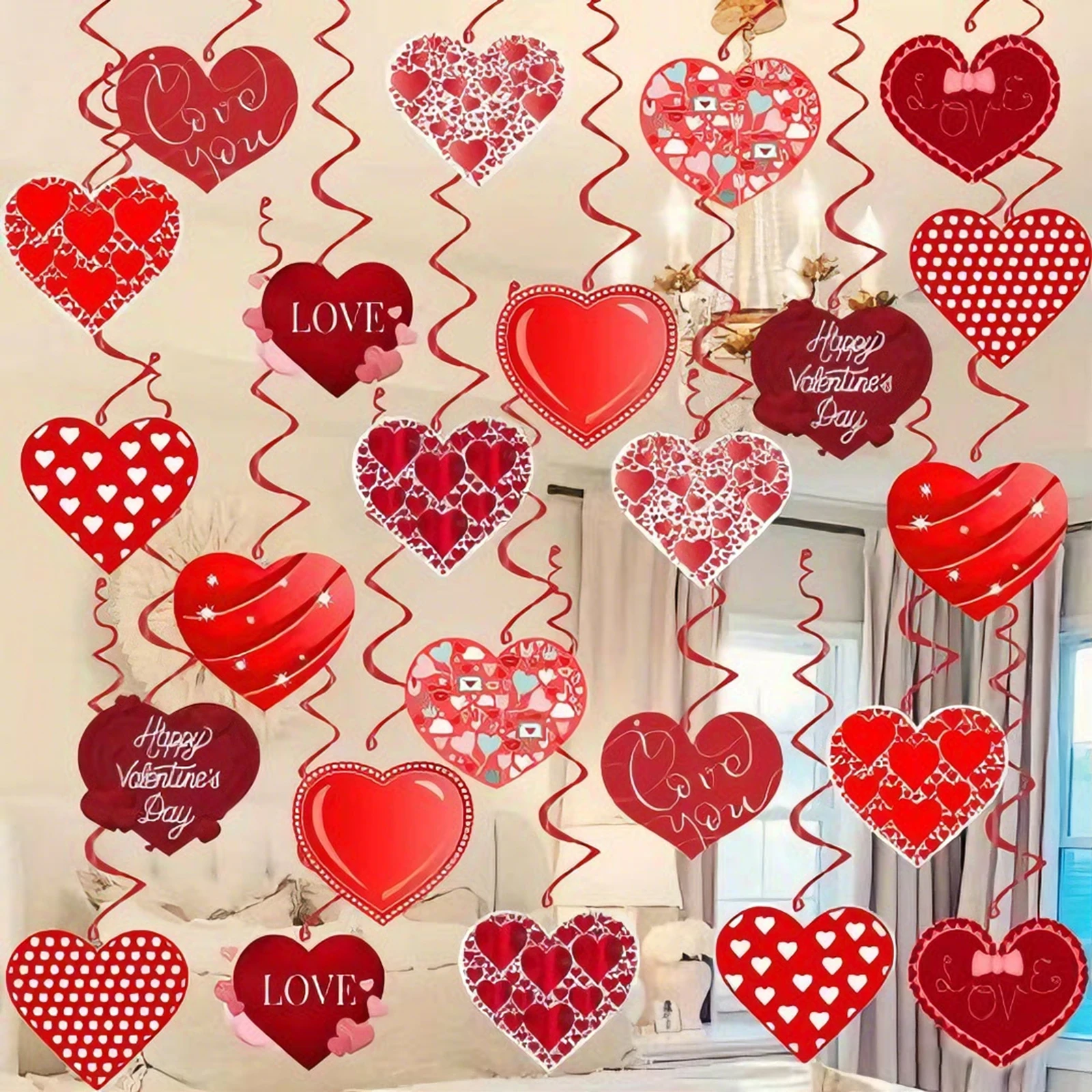 12Pcs Valentines Day Party Decorations Hanging Heart Swirls Ceiling Ornaments for Holiday Anniversary Party Supplies