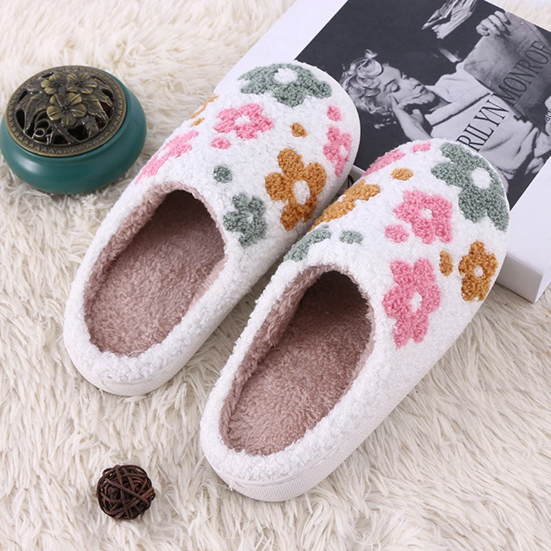 Fluffy Slippers Women Home Colorful Flower Designer Shoes Girls Elegant Winter Fuzzy Fur Slides Fashion Plush Soft Sole Non-Slip