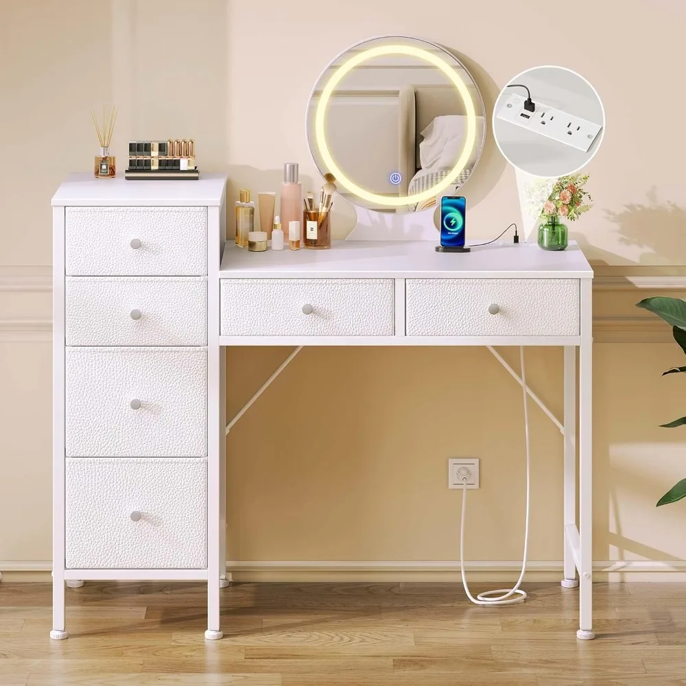 

Vanity Desk with Mirror and Lights, Makeup Vanity Desk with Charging Station, 6 Storage Drawers, 3 Color Modes, Dimmable