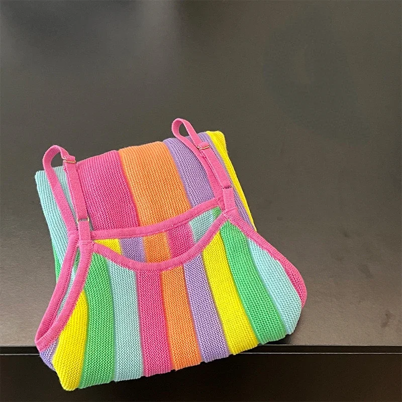 New Korea Summer Kids Clothes for Baby Girls Cute Rabbit T-shirt + Rainbow Knitted Dress 2-piece Set Kawaii Skirt Sets Boutique