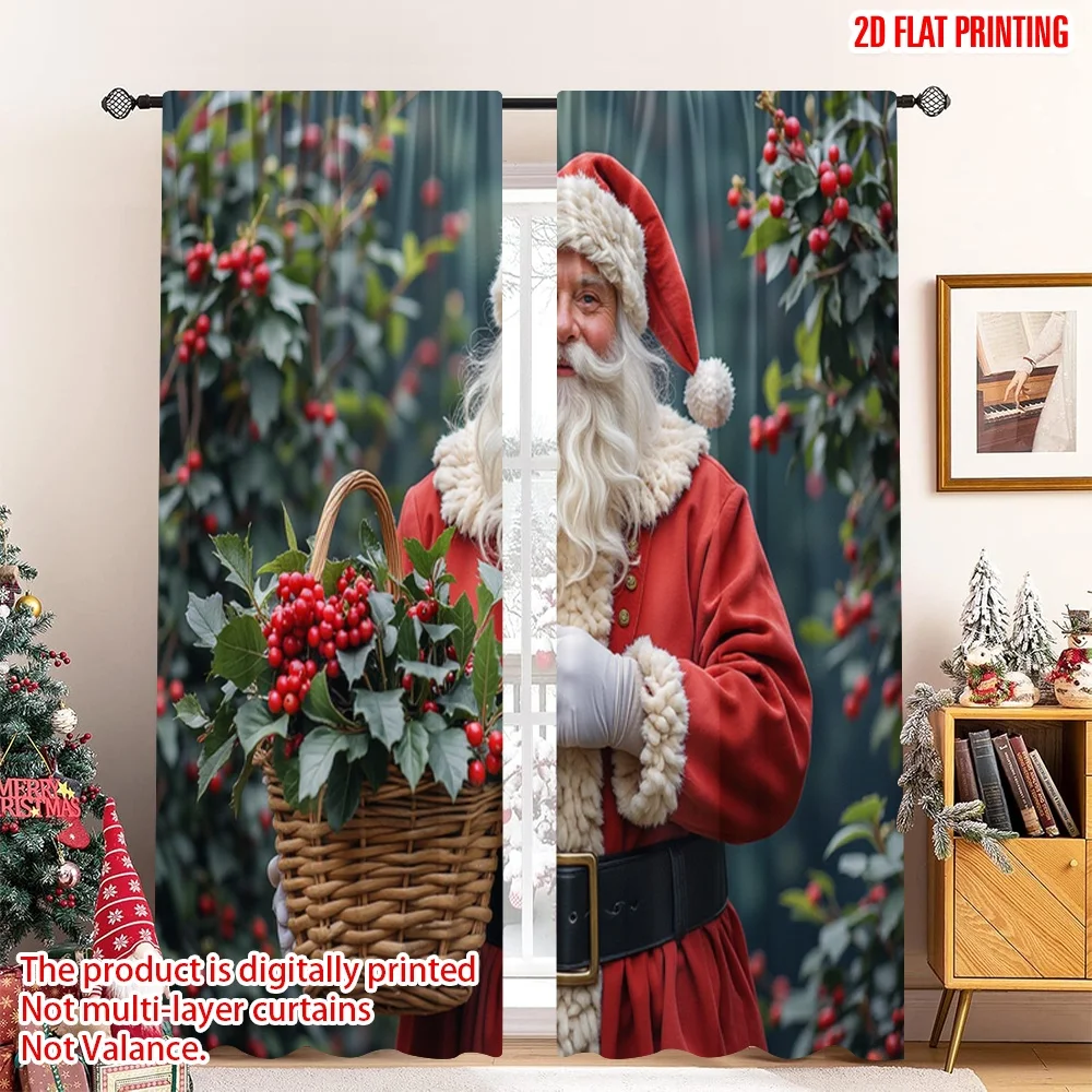 

2pcs 2D flat printing Merry Christmas Popular Curtains Santa Claus Holly Christmas Season Polyester Without Electricity Party