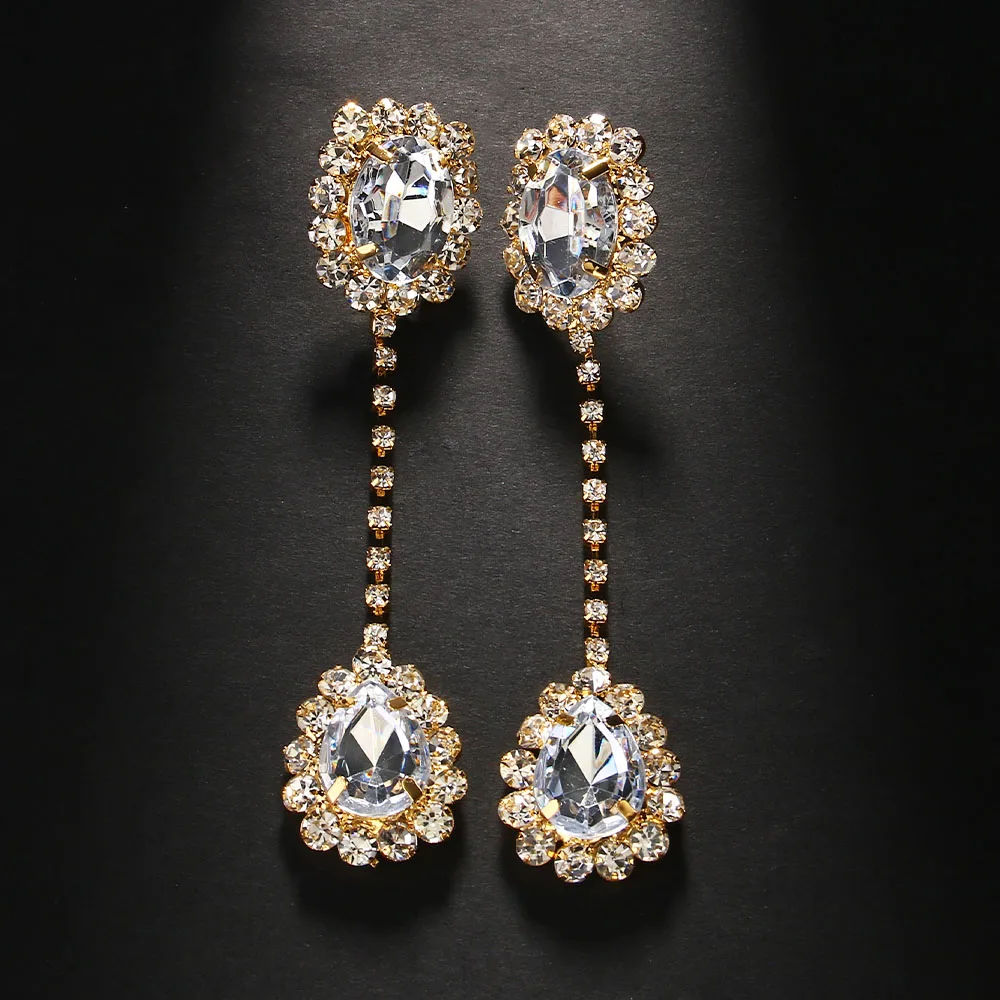 Fashion Shiny Rhinestone Long Oval Earrings for Women Luxurious Water Drop Pendant Earrings Claw Chain Jewelry Party Gifts