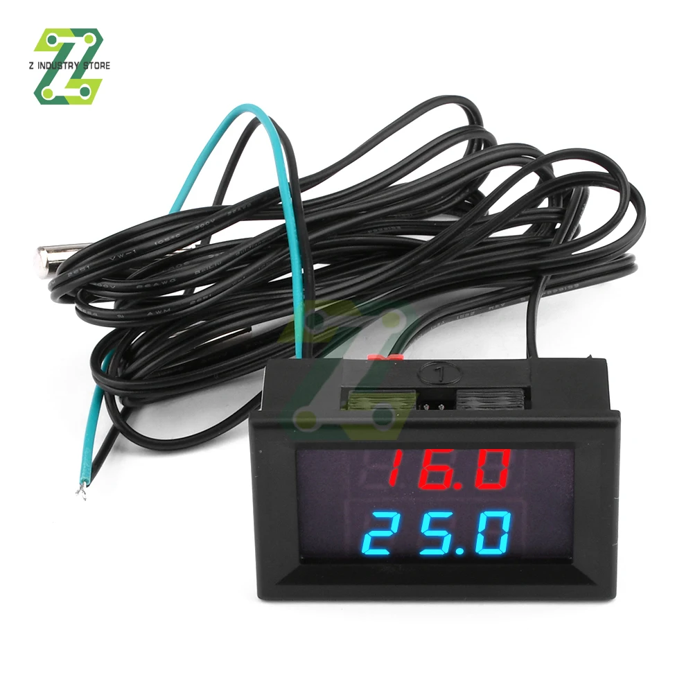 DC4-28V 0.28 Inch Mini LED Dual Display Digital Temperature Sensor NTC Waterproof Metal Probe Temperature Tester -55~+120℃