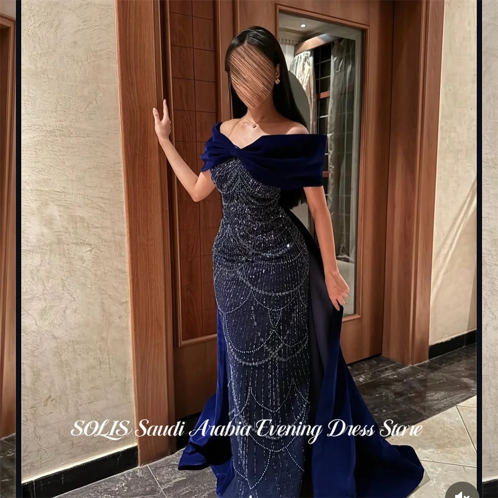 

SOLIS Royal Blue 프롬 드레 Off the Shoulder Prom Gown with Train Glitter Sequin Party Dress for Formal Event Modest Customized