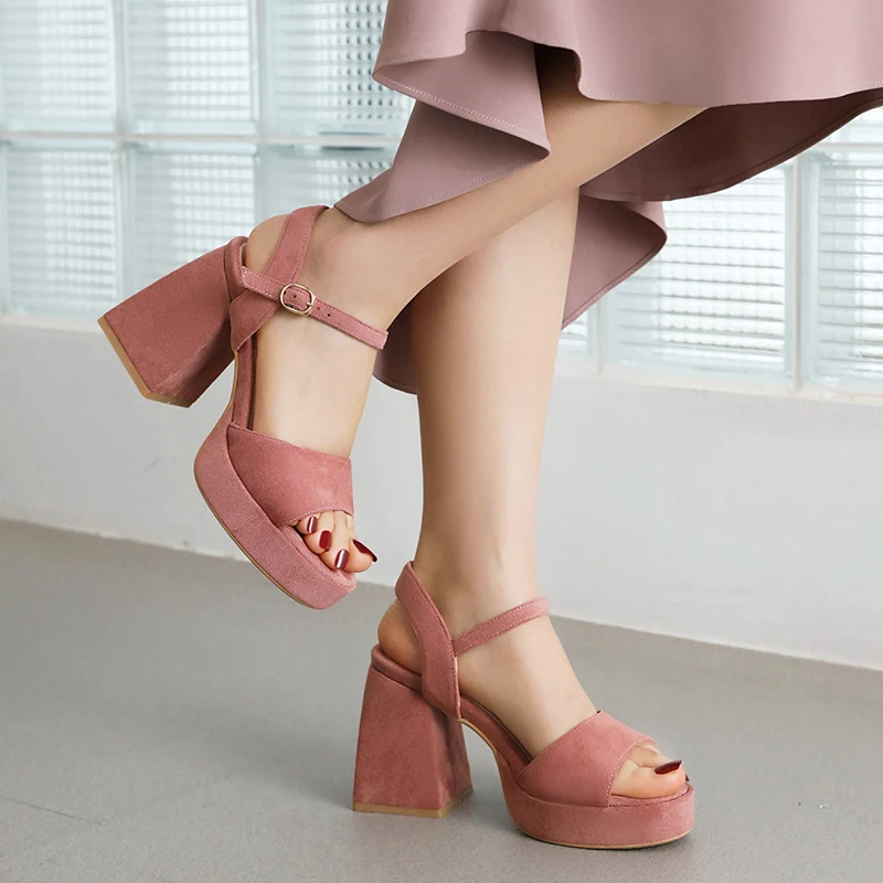 Summer Ankle Strap Sandals Pink Womens Pumps Slingback Solid Open Toe Square High Heels Woman Flock Platform Wedding Shoes 33-46