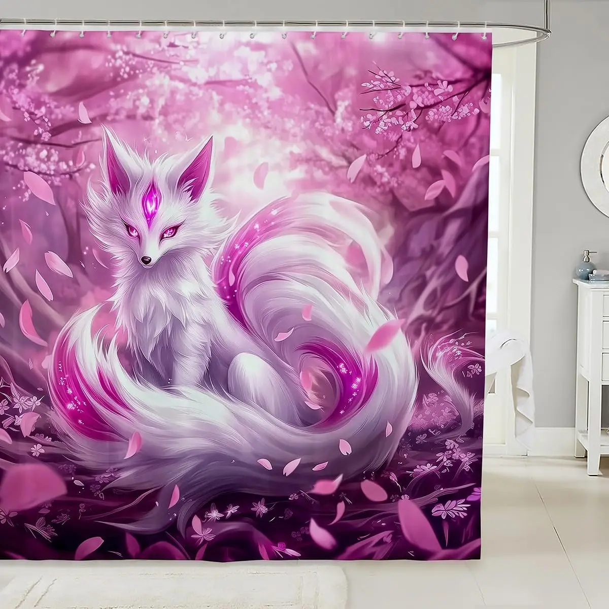 

Занавеска для душа с розовой лисой, японская занавеска для ванной с вишней, занавеска для ванной для девочек-подростков, милый мультяшный комплект занавесок для душа для ванной комнаты, водонепроницаемый