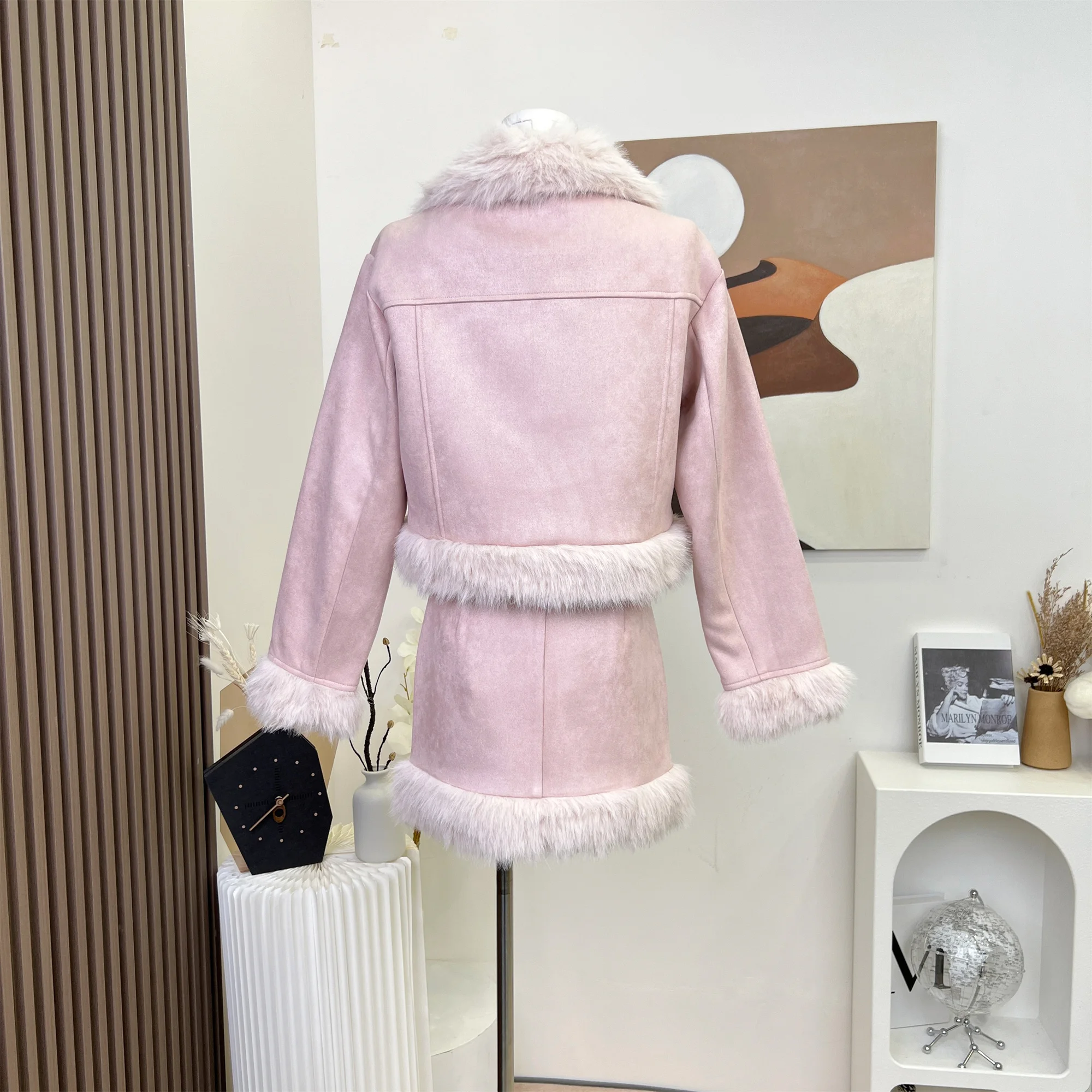 Women's Winter Lovely Pink Cotton Padded Warm Two Pieces Skirt Suit Lady Fuzzy Faux Fur Long Sleeve Short Jacket + Skirt Outfits