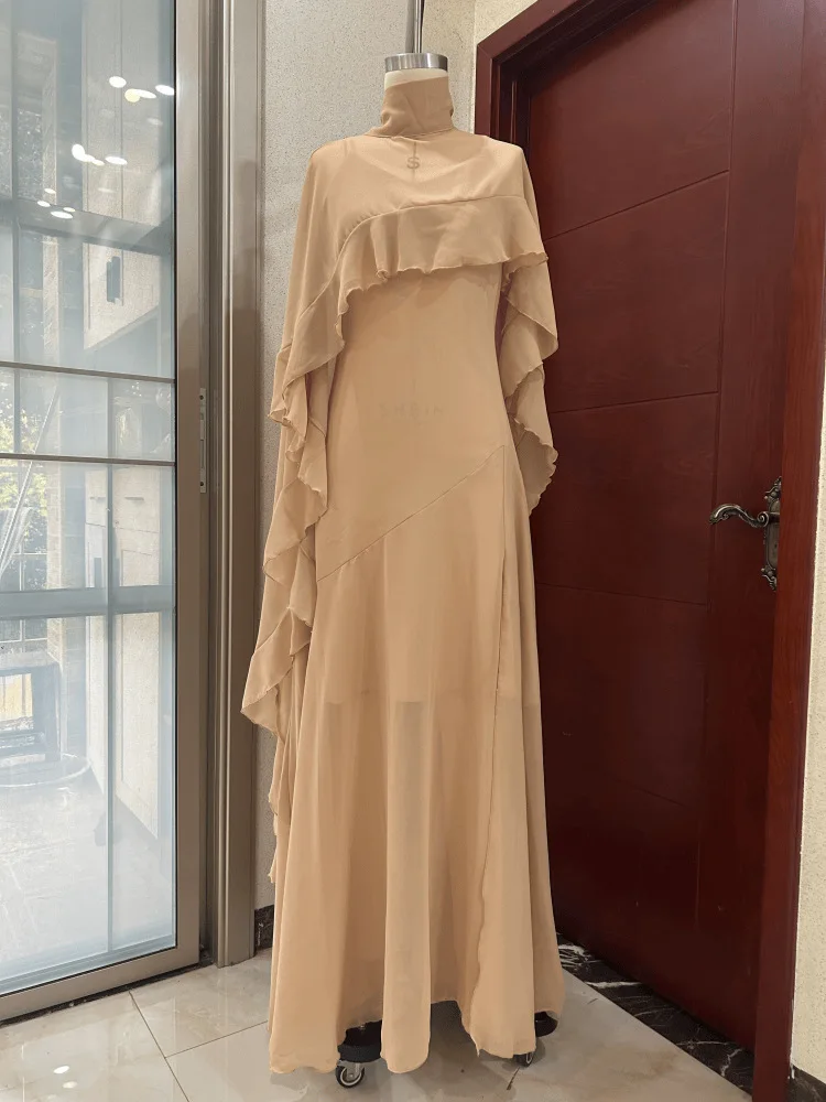 Ruffle Cloak long V-neck Spaghetti Straps Low Back Long Formal Evening Dress Apricot