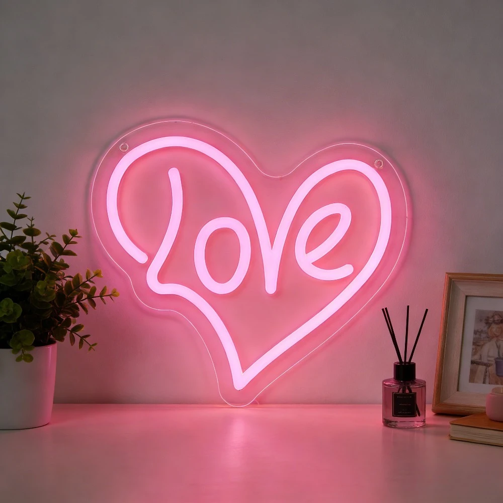 Love Neon Light Pink Heart LED Sign Romantic Bedroom Decor Valentines Day Gift for Couples Warm Night Light Home Wall Decoration