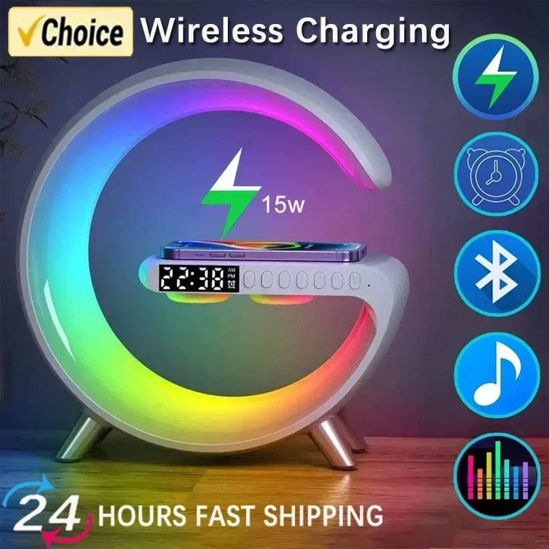 Multifunction Wireless Charger Stand Bluetooth 5.0 Speaker FM TF RGB Night Light Fast Charging Station