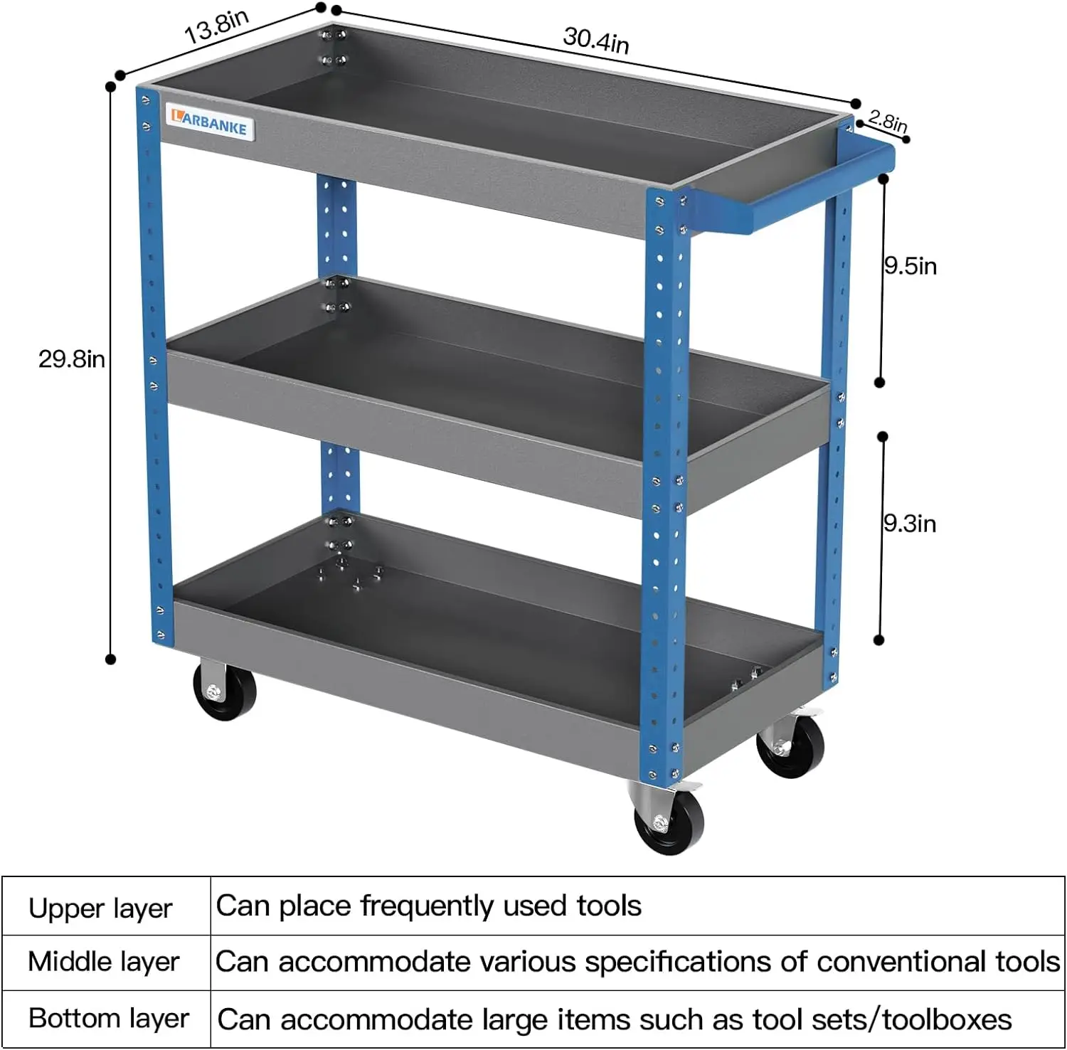 17 Tool Cart, 3-Tier Rolling Tool Cart with 4 Universal Wheels,Locking Tool Roll Cart with Height-Adjustable Tiers for Garage