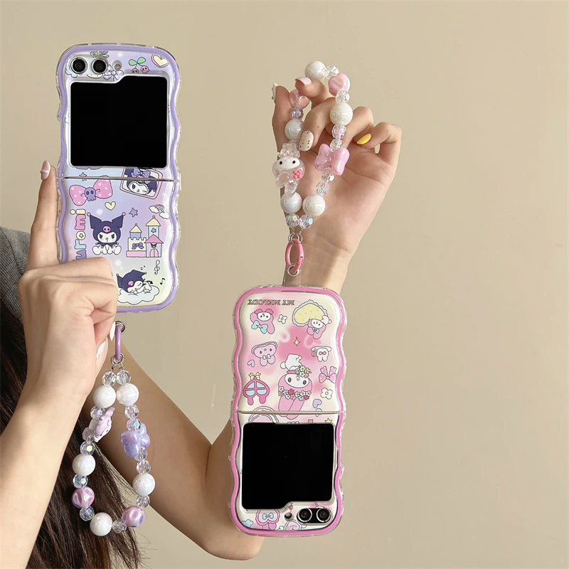 Cute Cartoon Sanrio Kuromi Melody Wave Frame Phone Case For Samsung Galaxy Z Flip 6 5 Soft TPU Cover For Z Flip 3 4 With Lanyard