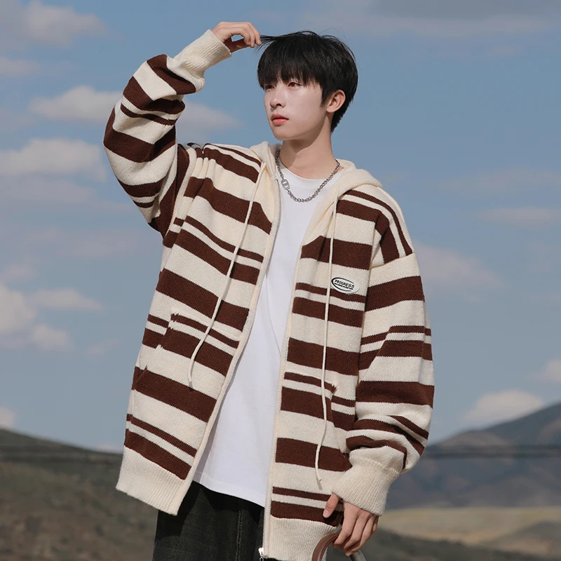 Autumn Winter Men's Striped Sweater Hooded Cardigan Unisex All-match Zipper Jacket Warm Clothes Studient Daliy Knit Jumper