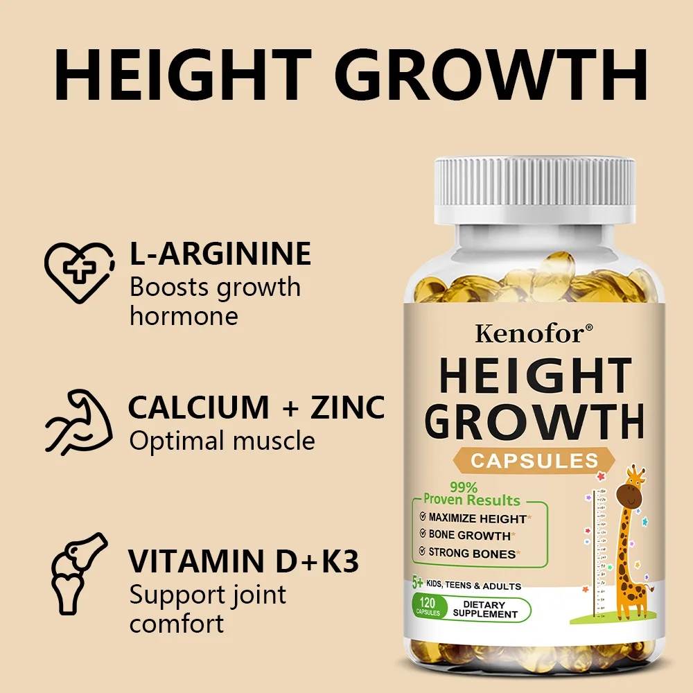 Height Growth Capsules - Calcium, Vitamin D3 & Zinc Blend, Bone Strength & Natural Growth Support for Kids, Teens & Adults