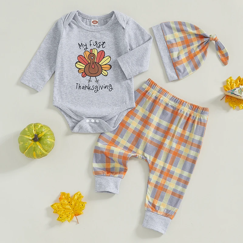 

Baby Boys Thanksgiving Sets 3Pcs Round Neck Long Sleeve Letter Turkey Print Romper and Plaid Pants Hat Newborn Infant Clothes