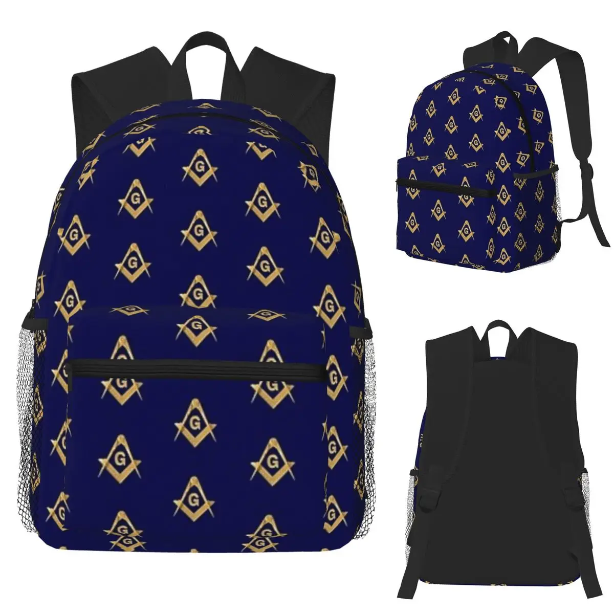 

Freemason Pattern Gold Blue Square And Compass Masonic Student Backpack School Bag Hiking Travel Daypack Bookbag Shoulder Bags