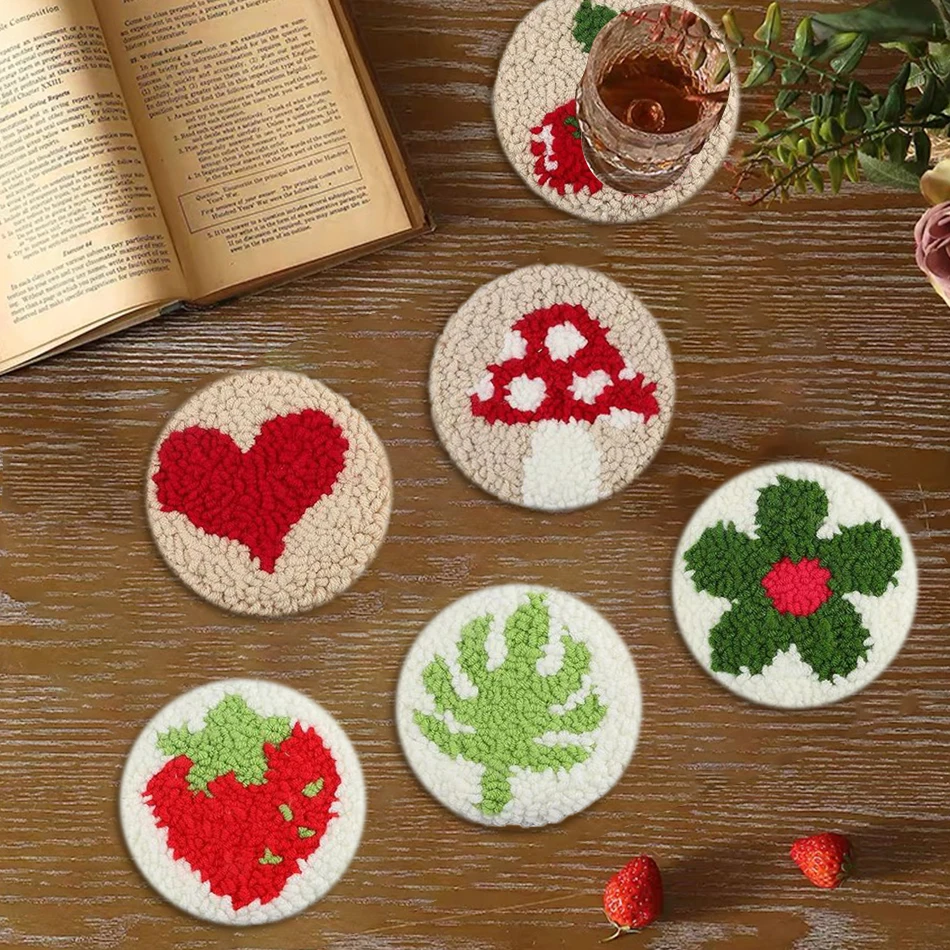 6Pcs Fruit Punch Needle Coaster Kit Punch Needle Embroidery Kit for Adults DIY Craft Supplies Tufted Coasters Tablemat