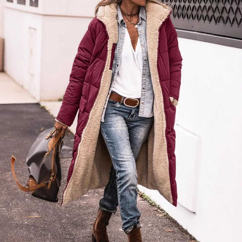 Roupas de algodão feminino europeu americano multi-cor multi-tamanho com capuz dupla face usar commuter casual casaco estendido