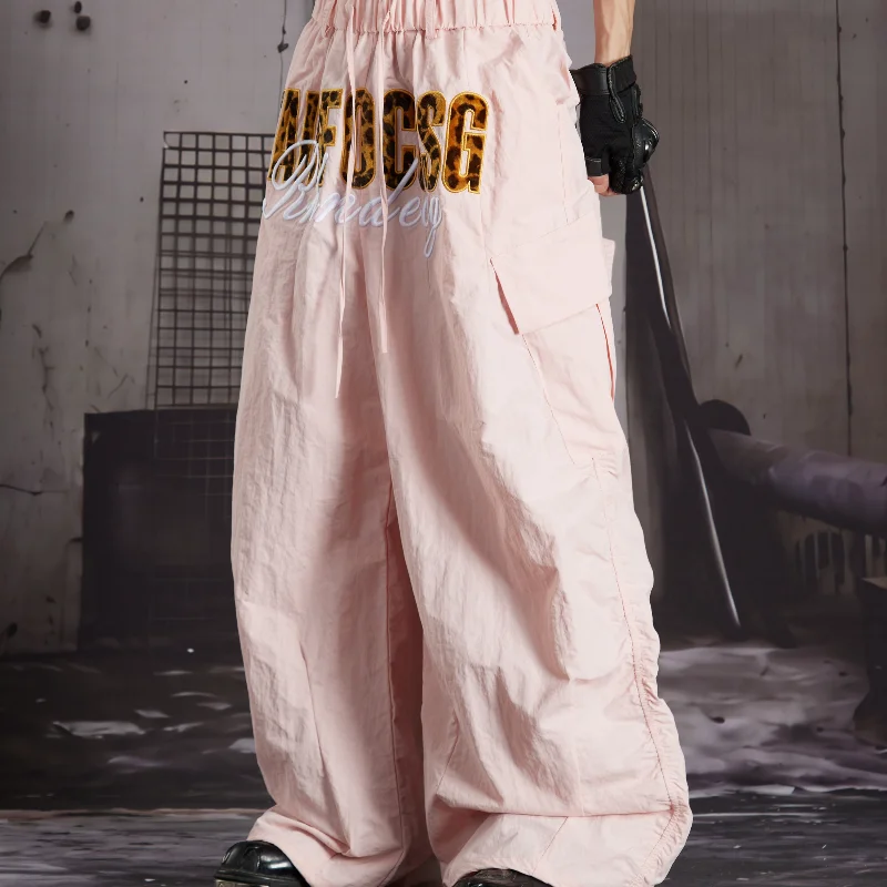 MWJLPWQ Wrinkle Leopard Print Letter Embroidery Cargo Pants Unisex Y2k Street Elastic Drawstring Pockets Wide Leg Trousers 17135
